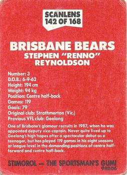 1989 Scanlens VFL #142 Stephen Reynoldson Back